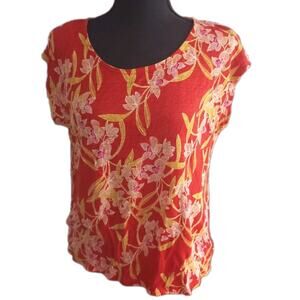 Womens Rachel Zoe 100% Linen Top Floral Leaves Cap Sleeve Orange Red MEDIUM